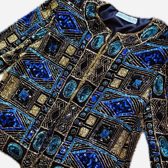 👠 💎 SCALA Vintage 80s Beaded & Sequined Jacket | Gold Green Blue Collector Sz M - Picture 8 of 8